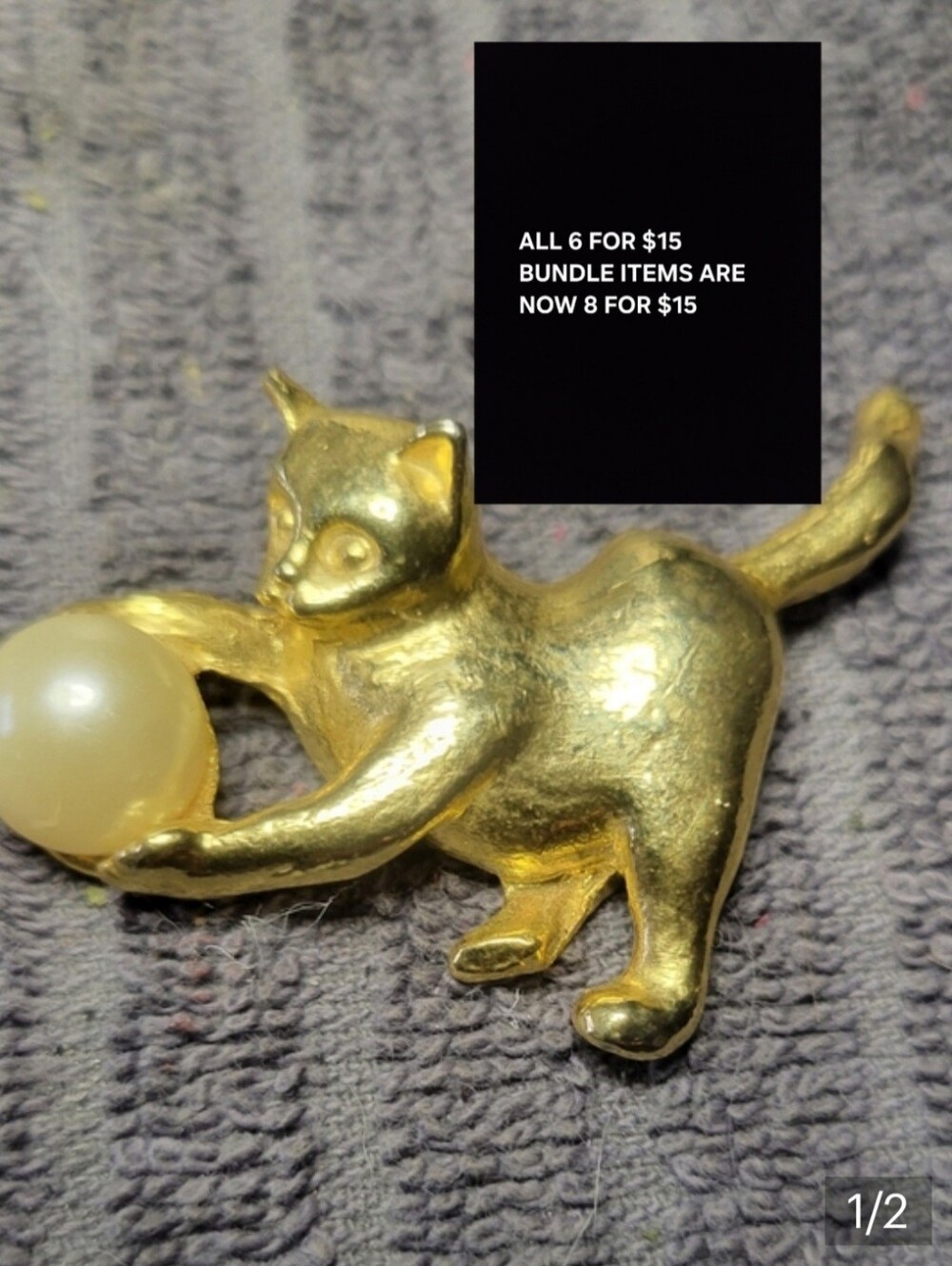 BUNDLE SALE ITEM..8 FOR $15!!..Gold Cat with Pearl Ball Brooch